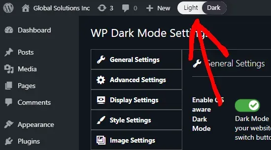 Dark mode toggle button on the admin panel