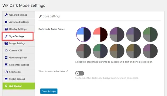 WP Dark Mode plugin style settings