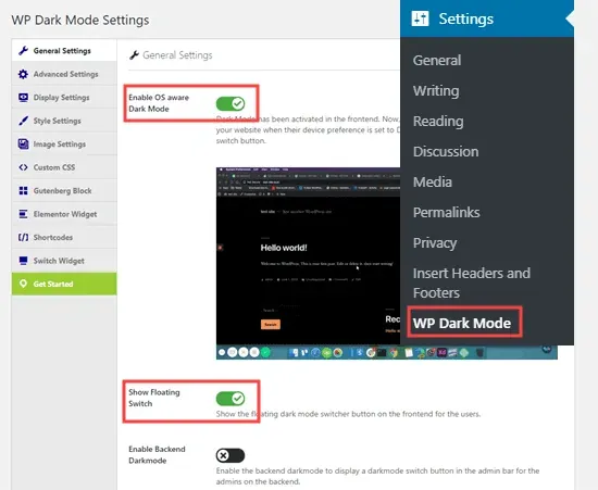 WP Dark Mode plugin general settings page