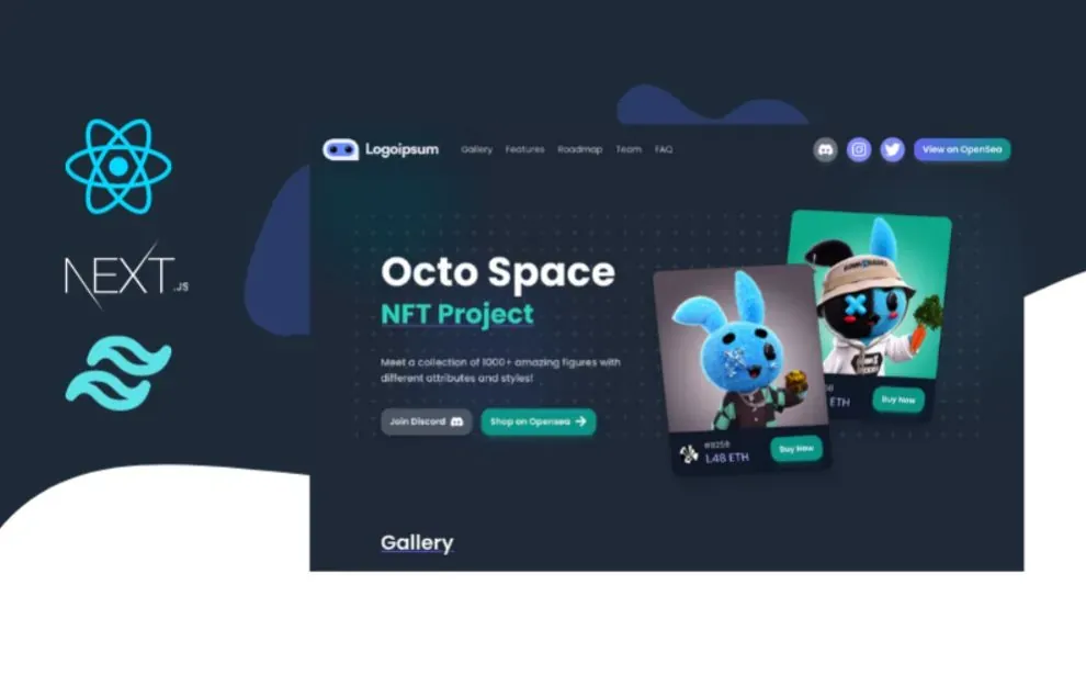 Octo Space React ve NextJS ile geliştirilmiş NFT açılış sayfası