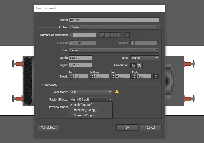 Adobe Illustrator yeni belge oluşturma ekranı ve raster efekt ayarları